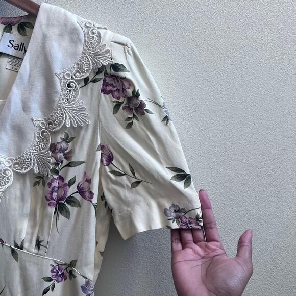 LISA II Dress 8 Prairie Cottagecore Floral Lace Collar Pleated Purple USA VTG - Picture 3 of 7